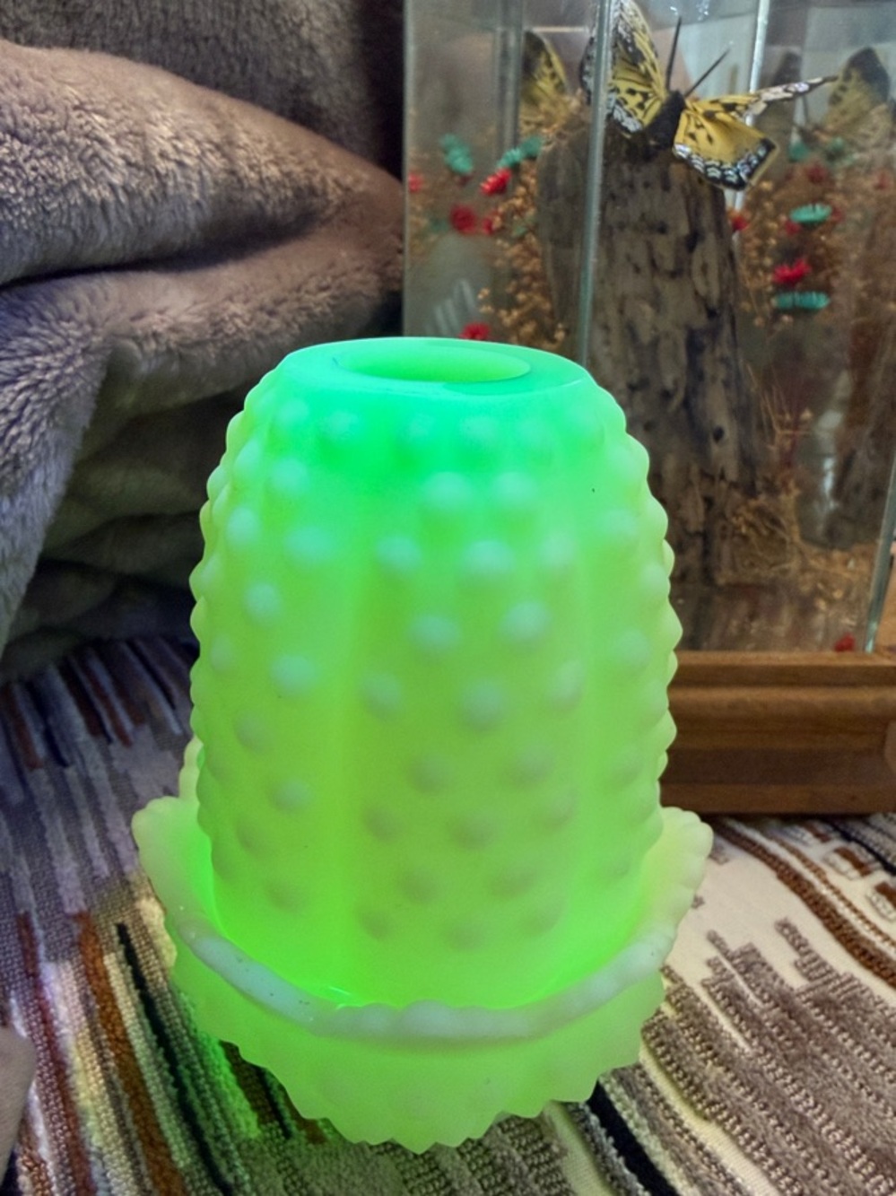 Fenton Green Hobnail Vaseline Glass Fairy light